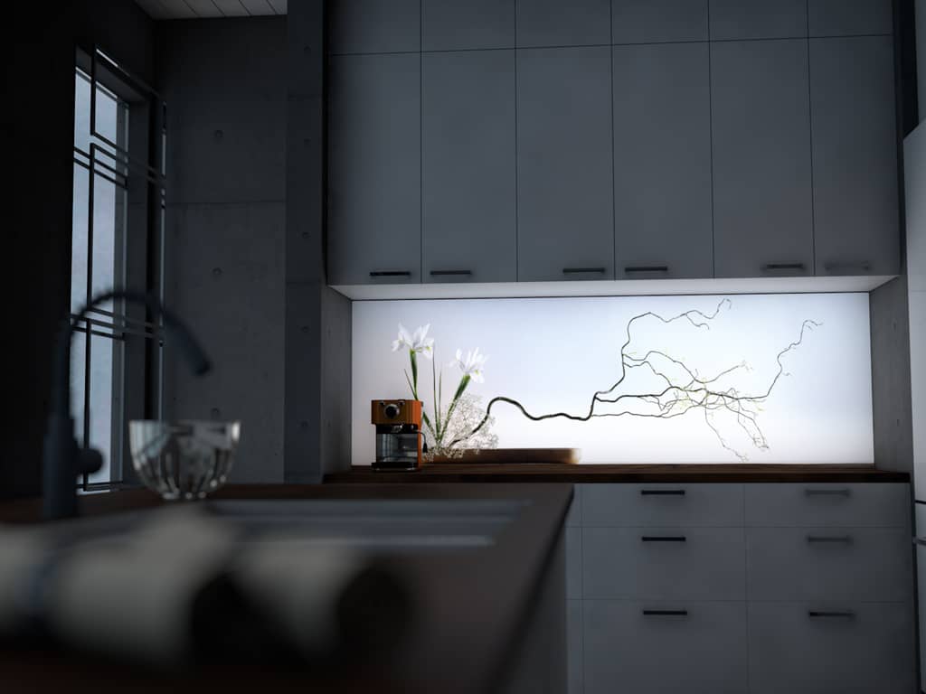 Panel szklany pomiędzy szafkami z podświetleniem LED